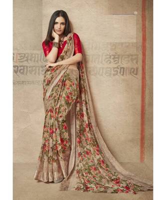 Brown floral  printed linen saree with blouse 1