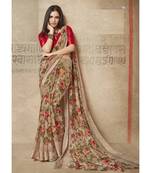 Brown floral  printed linen saree with blouse