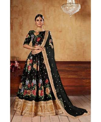 Black Art Silk Multicolor Floral Printed Semi Stitched Bridal Lehenga 1
