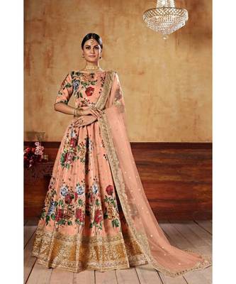Peach plain art silk semi stitched lehenga 1