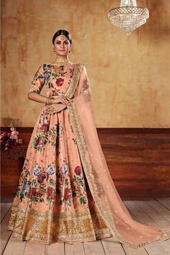 Peach plain art silk semi stitched lehenga