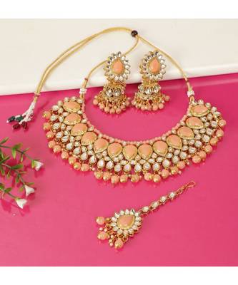 Peach Kundan Gold Plated Choker Necklace set 1