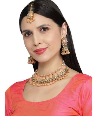 Peach Kundan Gold Plated Choker Necklace set 2