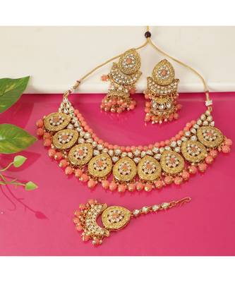 Peach Kundan Gold Plated Choker Necklace set 1