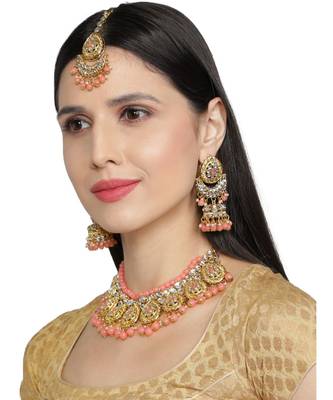 Peach Kundan Gold Plated Choker Necklace set 2
