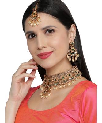 Green Kundan Gold Plated Choker Necklace set 1