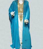 Cyan And White Beads And Stonework Georgette Hand Stitched Arab Moroccan Jacket Kaftan With Sun-proof hijab.