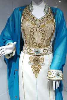 Cyan And White Beads And Stonework Georgette Hand Stitched Arab Moroccan Jacket Kaftan With Sun-proof hijab