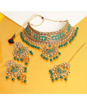 Green Kundan Gold Plated Choker Necklace set 1