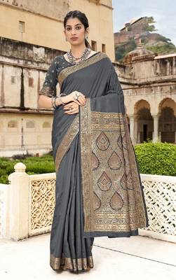 Grey woven banarasi silk saree with blouse 1