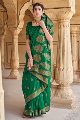 Green woven banarasi silk saree with blouse 1