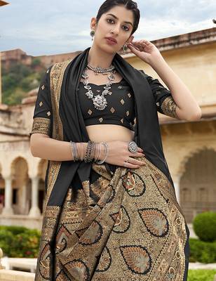 Black woven banarasi silk saree with blouse 2