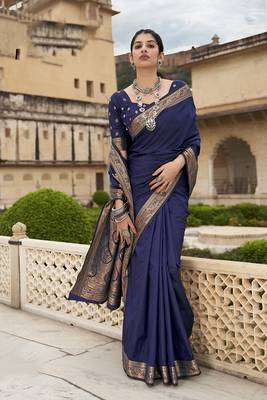 navy blue woven banarasi silk saree with blouse 1