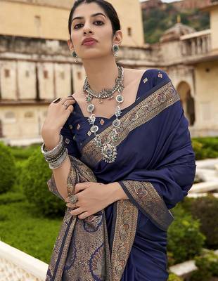 navy blue woven banarasi silk saree with blouse 2