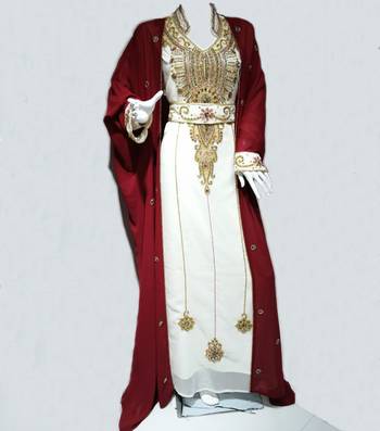 Maroon And White Beads And Stone Work Georgette Hand Stitched Arab Moroccan Jacket Kaftan	 With Sun-proof hijab 1