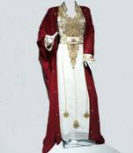 Maroon And White Beads And Stone Work Georgette Hand Stitched Arab Moroccan Jacket Kaftan	 With Sun-proof hijab.