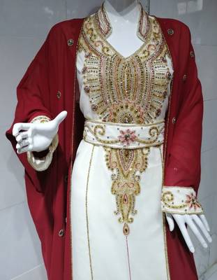 Maroon And White Beads And Stone Work Georgette Hand Stitched Arab Moroccan Jacket Kaftan	 With Sun-proof hijab 2