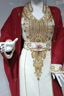 Maroon And White Beads And Stone Work Georgette Hand Stitched Arab Moroccan Jacket Kaftan	 With Sun-proof hijab