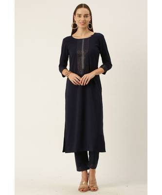 Women Navy Blue Yoke Design Regular Sequinned American Crape Kurta with Pant 1
