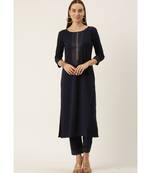Women Navy Blue Yoke Design Regular Sequinned American Crape Kurta with Pant