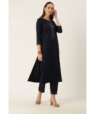 Women Navy Blue Yoke Design Regular Sequinned American Crape Kurta with Pant 2