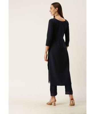 Women Navy Blue Yoke Design Regular Sequinned American Crape Kurta with Pant 4