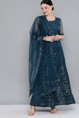 Teal Sequence embroidered net semi stitched lehenga 1