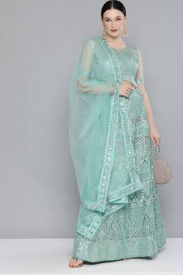 Sea-green Sequence embroidered net semi stitched lehenga 1