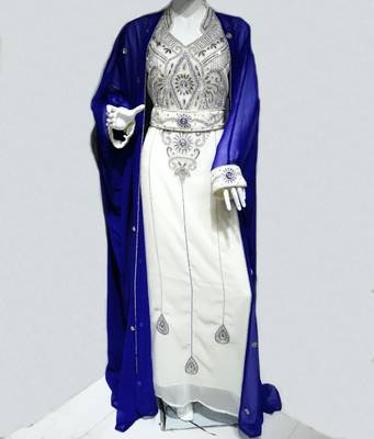 Royal Blue White Beads and Stonework Moroccan Jacket Kaftan with Sun-proof hijab 1