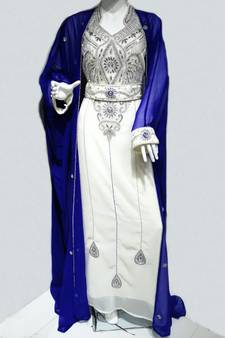 Royal Blue White Beads and Stonework Moroccan Jacket Kaftan with Sun-proof hijab.