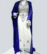 Royal Blue White Beads and Stonework Moroccan Jacket Kaftan with Sun-proof hijab.