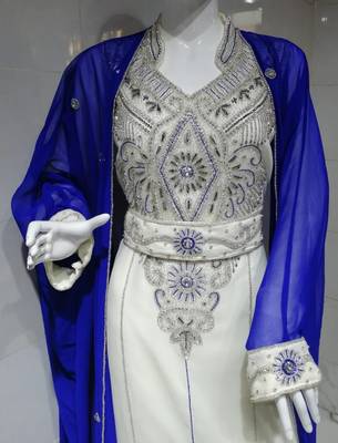 Royal Blue White Beads and Stonework Moroccan Jacket Kaftan with Sun-proof hijab 2