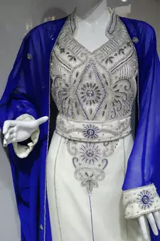 Royal Blue White Beads and Stonework Moroccan Jacket Kaftan with Sun-proof hijab