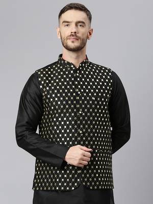 Black Viscose embroidered stitched nehru jacket 1