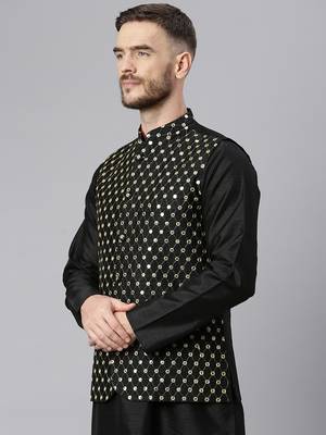 Black Viscose embroidered stitched nehru jacket 3