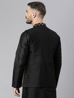 Black Viscose embroidered stitched nehru jacket 4