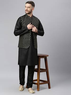 Black Viscose embroidered stitched nehru jacket 5