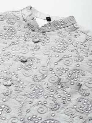 Grey Viscose embroidered stitched kurta with nehru jacket 2