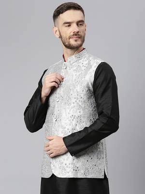 Grey Viscose embroidered stitched kurta with nehru jacket 3