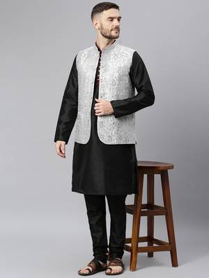 Grey Viscose embroidered stitched kurta with nehru jacket 5