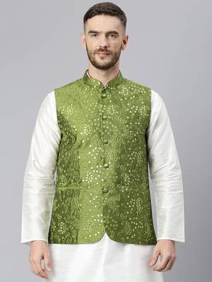 Green Viscose embroidered stitched nehru jacket 1