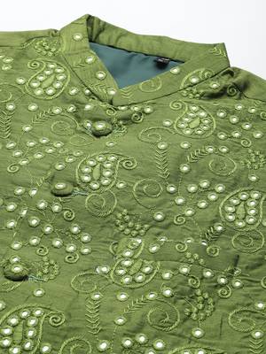 Green Viscose embroidered stitched nehru jacket 2