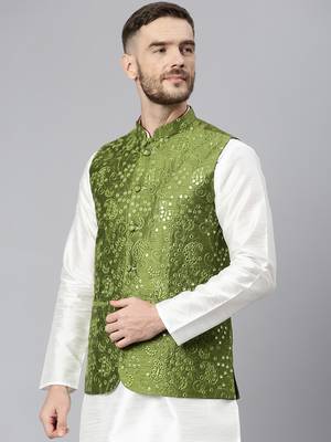 Green Viscose embroidered stitched nehru jacket 3