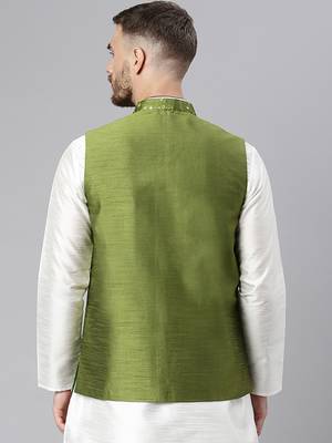 Green Viscose embroidered stitched nehru jacket 4