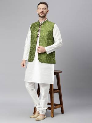 Green Viscose embroidered stitched nehru jacket 5