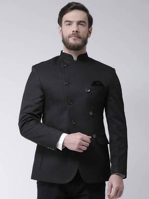 Black Plain Polyester Bandhgala Suit 1
