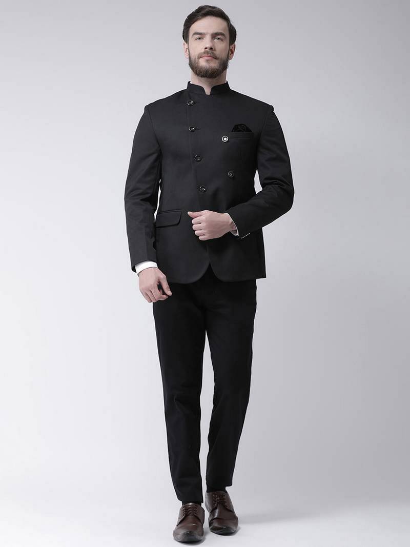 Black Plain Polyester Bandhgala Suit