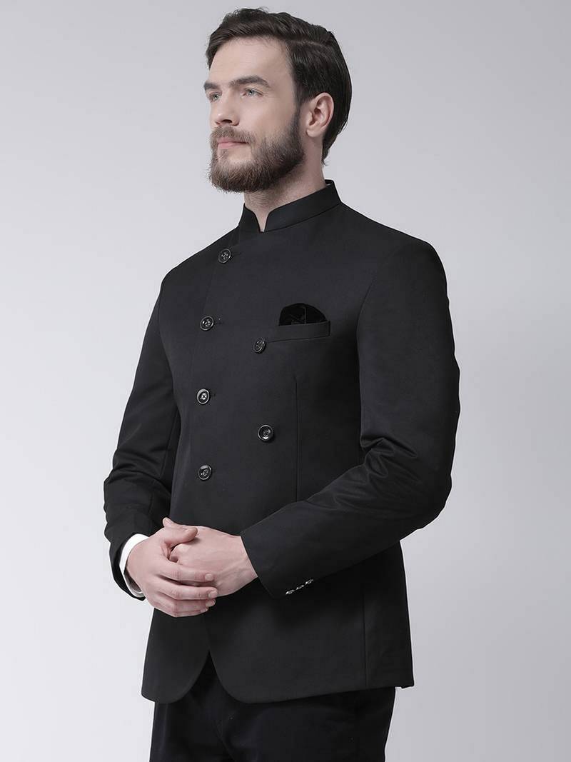 Black Plain Polyester Bandhgala Suit