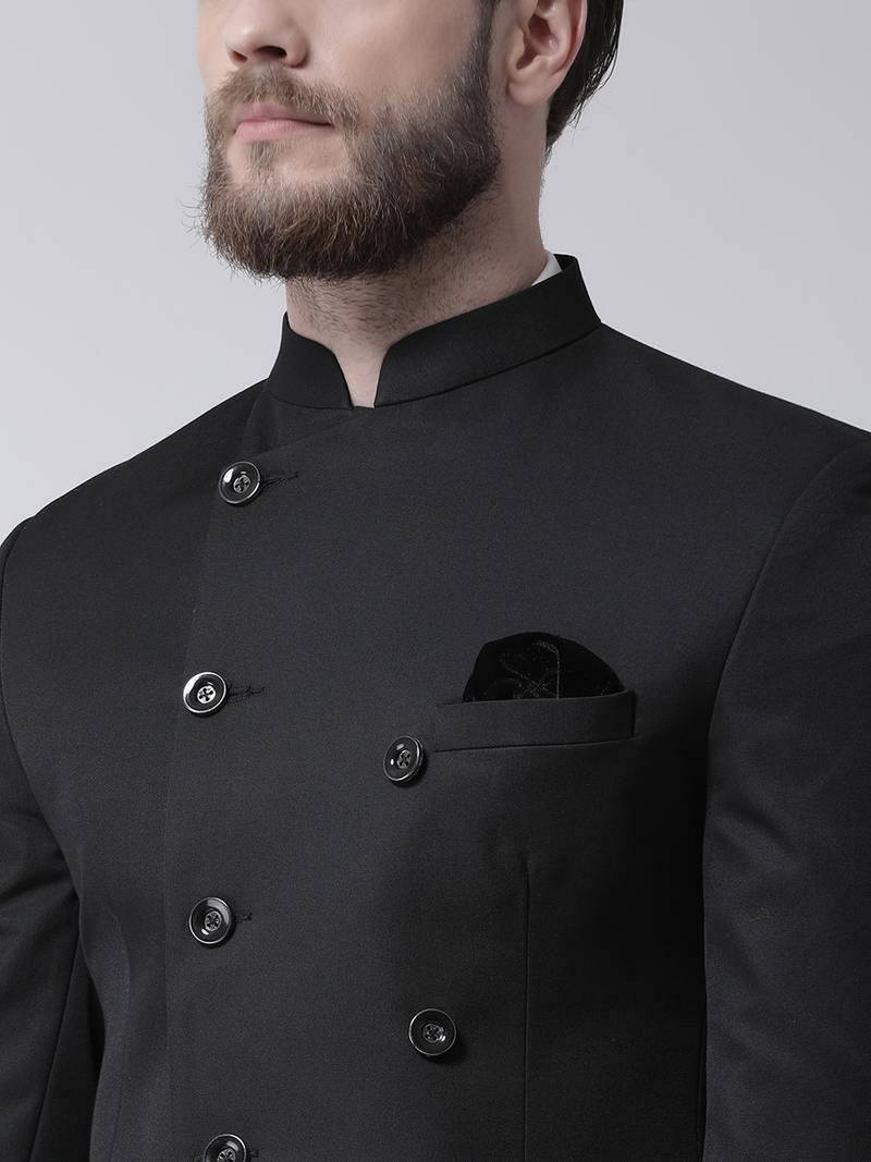 Black Plain Polyester Bandhgala Suit