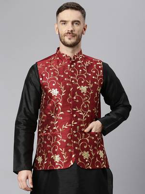 Maroon Viscose embroidered stitched kurta with nehru jacket 1